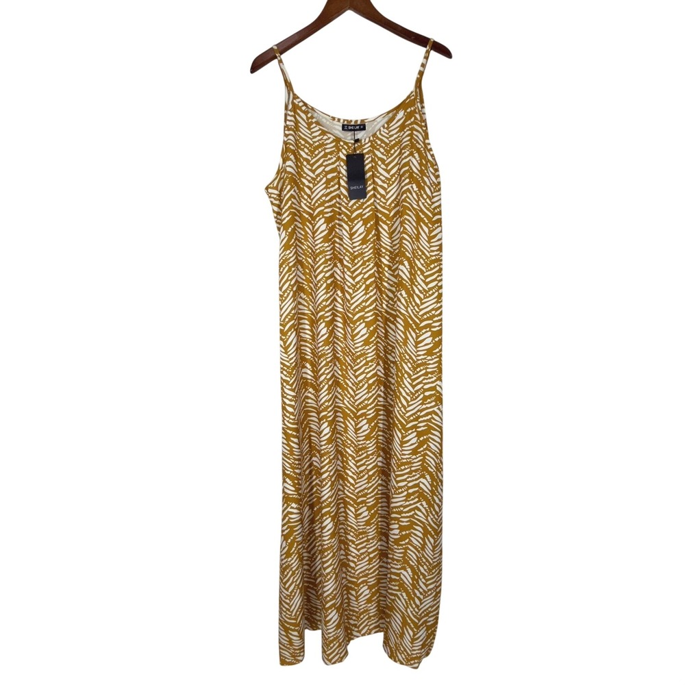 SHEILAY Womens Maxi Dress L Mustard White Abstract Print Spaghetti Strap Resort